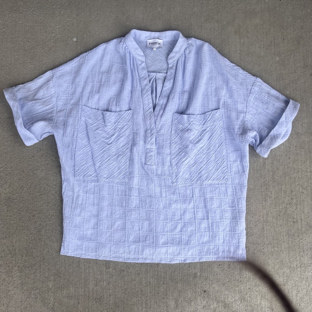 FRNCH Women's June Button Down Short Sleeve Shirt Light Blue Cotton XS Blouse